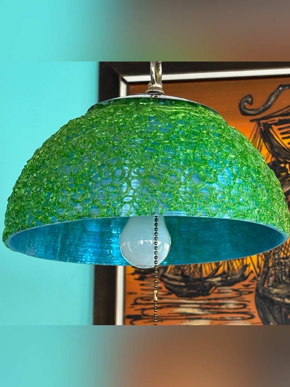 Vintage spaghetti swag pendant hanging light bright green blue 1960’s